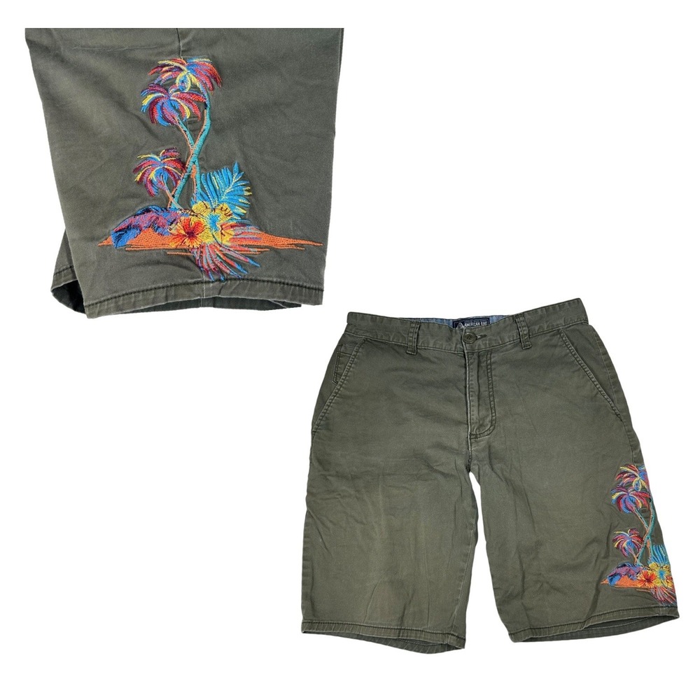 American Rag Mens Chino Shorts Colorful Embroidered Palm Trees Sz 29 Olive Green